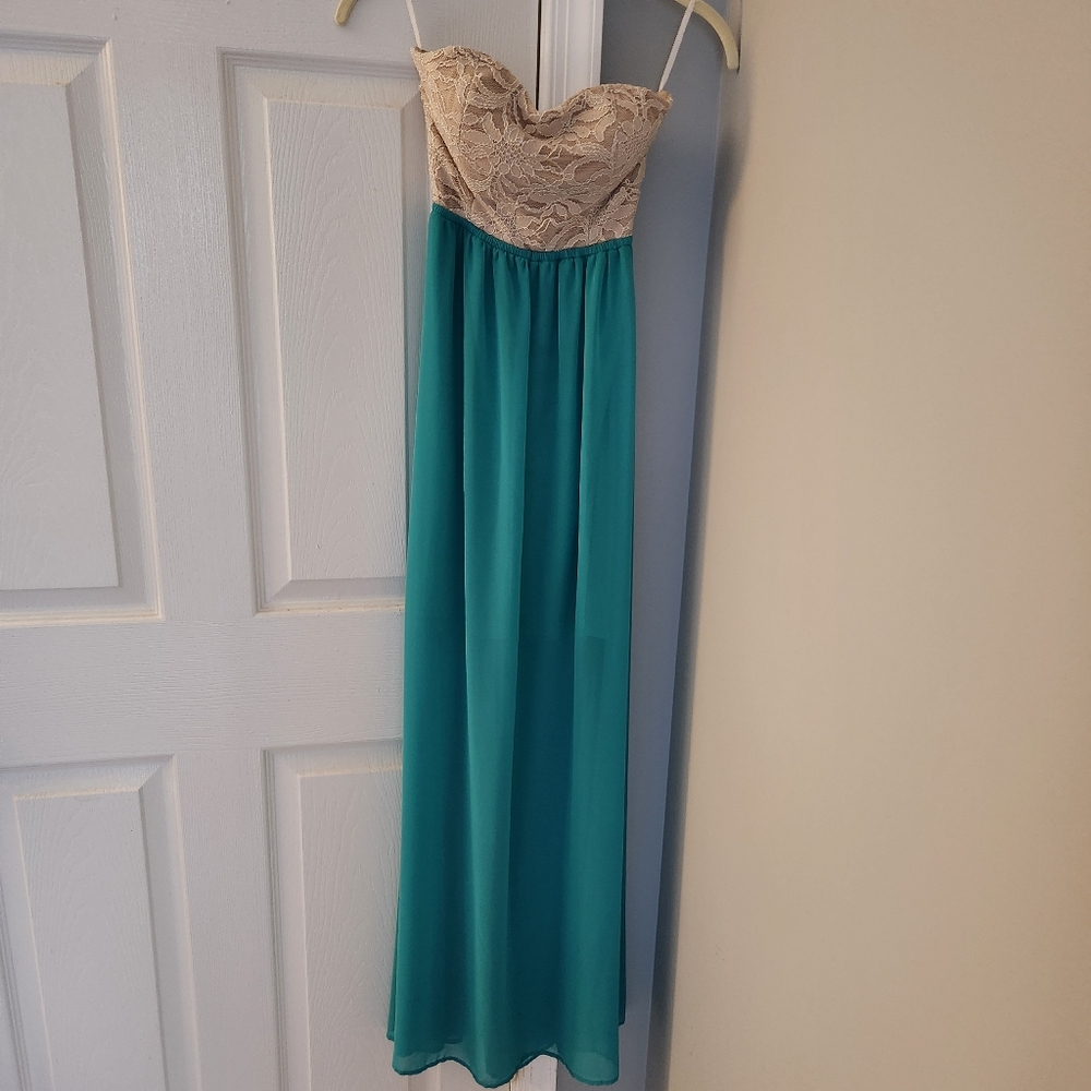 Wendye Chaitin Teal Lace Strapless Maxi Dress Small